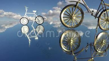 自行车模型玩具在镜子和云的运动，时间流逝